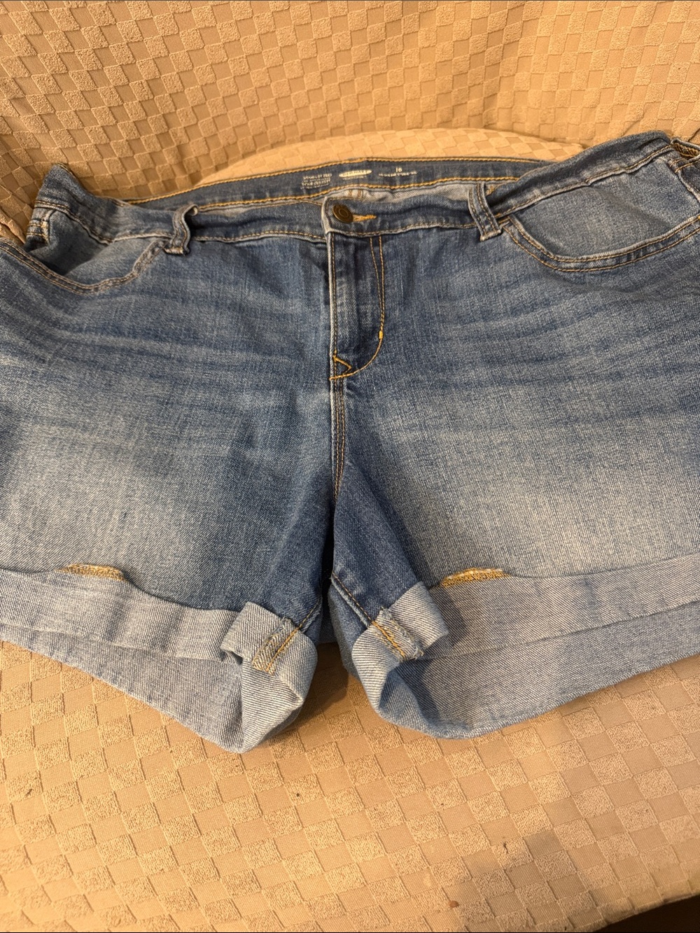 Old Navy Cuffed Blue Denim Shorts with Yellow Contrast Stitching